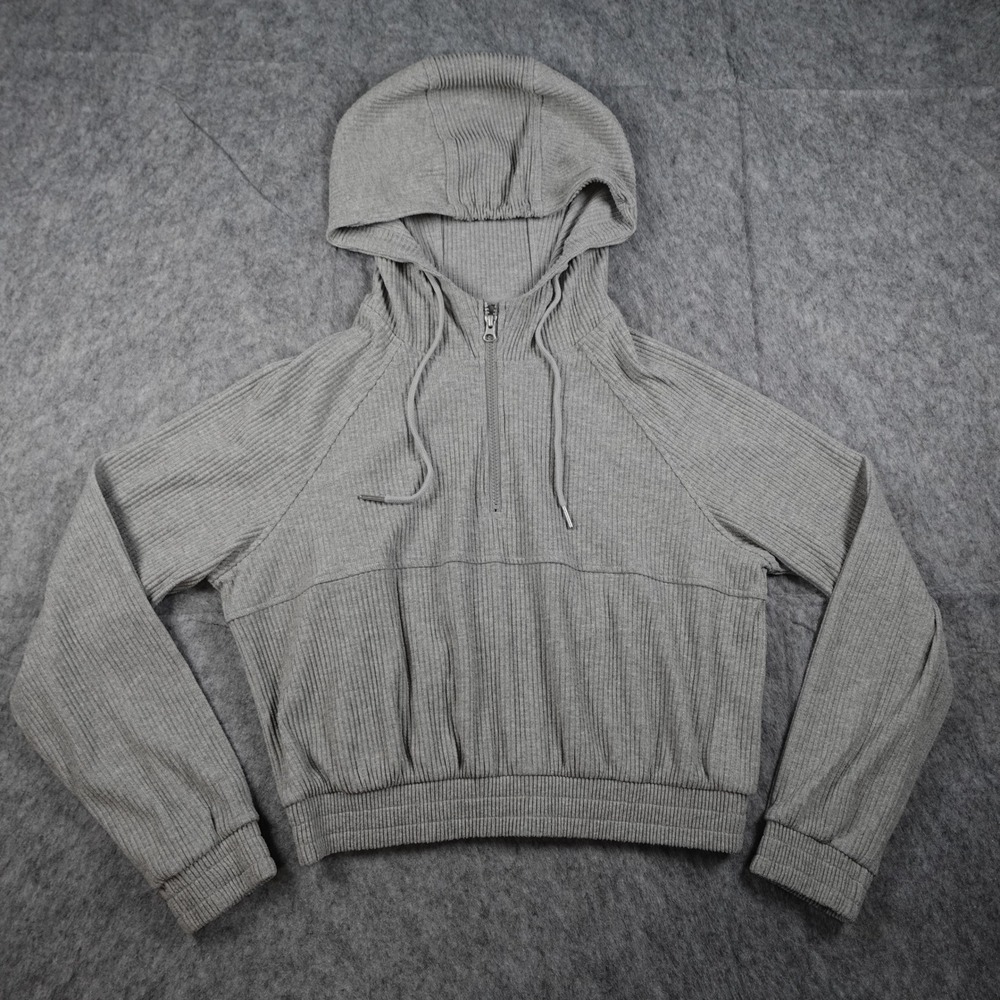 Zella Hoodie Women Small Gray Ribbed Half Zip Hooded Cropped Pullover Sweatshirt